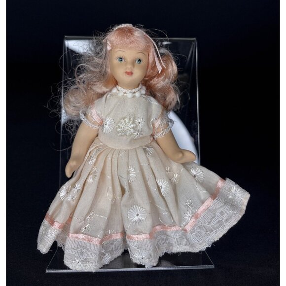 Other - Vintage Porcelain Blonde Blue Eyes Doll Floral Lace Dress Victorian Strawberry